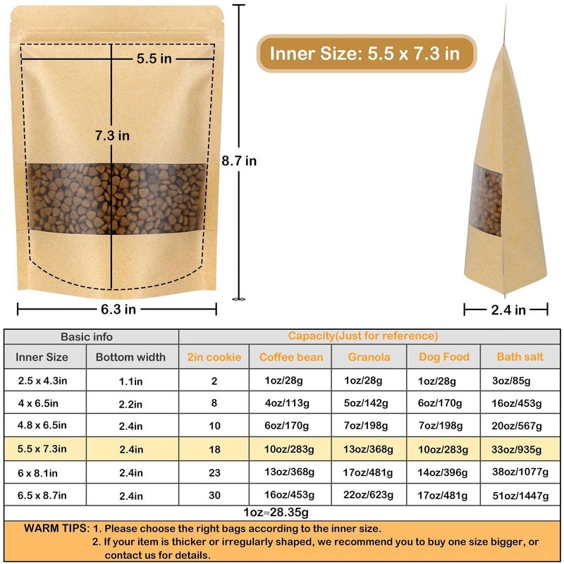 Blisstime Stand Up Pouches, 50 Pack Kraft Paper Bags with Matte Window and Tear Notch Resealable Bags for Small Business Home Use (5.5 x 7.3 Inches) - Image 2
